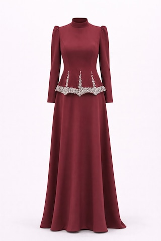 Olcay Taş Ve İnci Desenli Krep Tesettür Abiye Elbise Bordo 1690