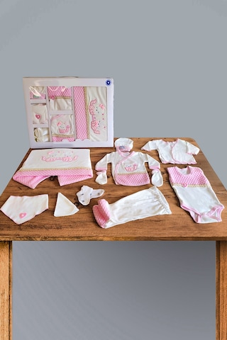 10 Parça Pembe Kedili Hastane Çıkışı Kız Bebek Giyim Pembe