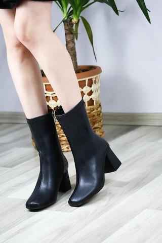 Asmi Shoes Kadın Siyah Cilt Lumos Küt Burun Topuklu Fermuarlı Bot Siyah Cilt Siyah