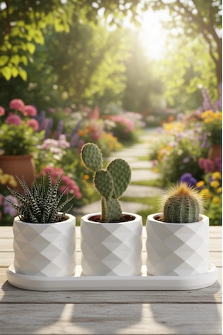 3 Lü Dekoratif Saksı Seti Ve Altlık 6x7cm Saksılar + 23x11 Cm Tabak 4 Parça