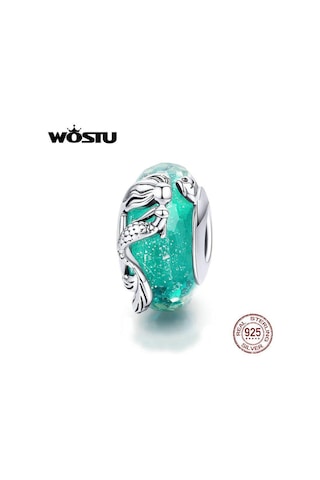 Wostu 925 Ayar Gümüş Denizkızı Murano Cam Boncuk Yeşil Kristal Fit Orijinal Bileklik Gümüş
