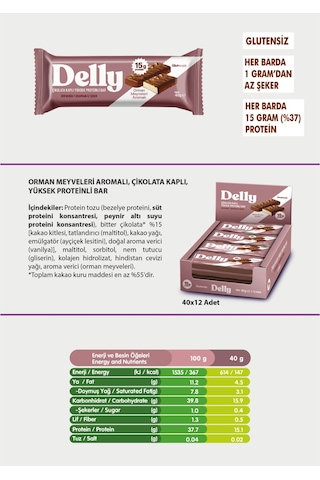 Delly Orman Meyveleri Aromalı Çikolata Kaplı Yüksek Protein Bar 12 x 40 G