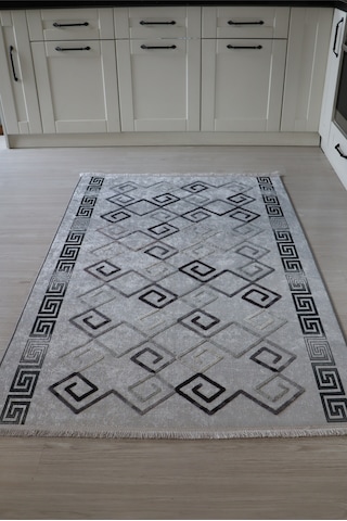 Arte Nakışlı Gri Beyaz Kilim Dekoratif Salon Halısı Yıkanabilir Gri - Beyaz