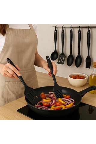 5'li Silikon Mutfak Seti Kaşık, Kepçe, Spatula, Yağ Fırçası Renkli Pişirme Seti Isıya Dayanıklı Mut Çok Renkli