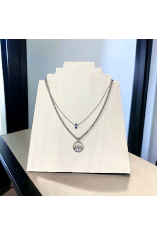Bayan 316l Çelik Göz Nazar Boncuklu Çift Zincirli Gümüş Renk Kolye Çelik
