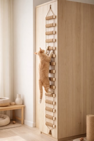 Ahşap Kedi Tırmanma Merdiveni Ve Duvar Köprüsü - Jüt İpli, 15 Basamak, 175 Cm