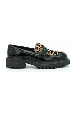 Tuna Hakiki Deri Eva Taban Loafer Kadın Ayakkabı - L264192 Siyah Garni Leopar Baskı