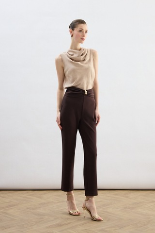 Sateen Bel Aksesuarlı Pantolon - Kahve-136829 Kahve