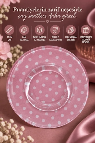 6 Lı Cam Çay Tabağı Pembe Puantiyeli 12 Cm 6 Adet Çay Tabak