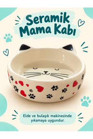 Kedi Yüzü Desenli Seramik Mama Ve Su Kabı Kedi Kulaklı