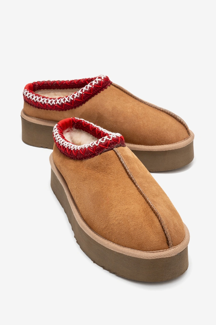 Luvishoes Luvi Shoes Avelıa Taba Süet Hakiki Deri Dikişli Kadın Kalın Tabanlı Kışlık Terlik Taba