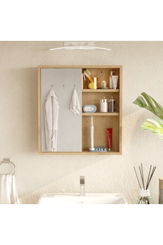 Aqua Aynalı Lavabo Üstü Banyo Dolabı Raflı Kapaklı 60cm Sepet Kahverengi