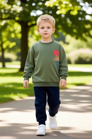 Frm Erkek Çocuk Örme Bisiklet Yaka Sweatshirt Ve Eşofman Altı Takımı Açık Haki