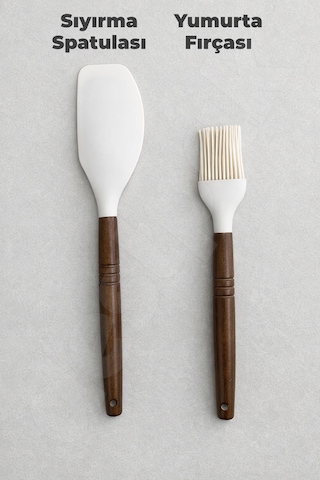 2 Parça Akasya Saplı Pastacı Seti - Silikon Sıyırma Spatulası - Silikon Yumurta Fırçası - Mutfak Beyaz