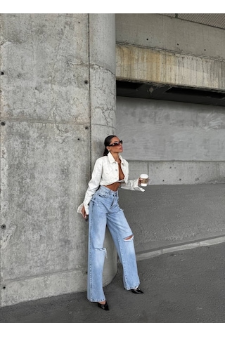 Herton Yüksek Bel Geniş Paça Jean - Dizleri Yırtık Detaylı Wide Leg Denim Pantolon Buz Mavisi
