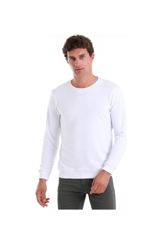 Hatemoğlu Beyaz Regular Fit Düz Pamuklu Bisiklet Yaka Sweatshirt Beyaz
