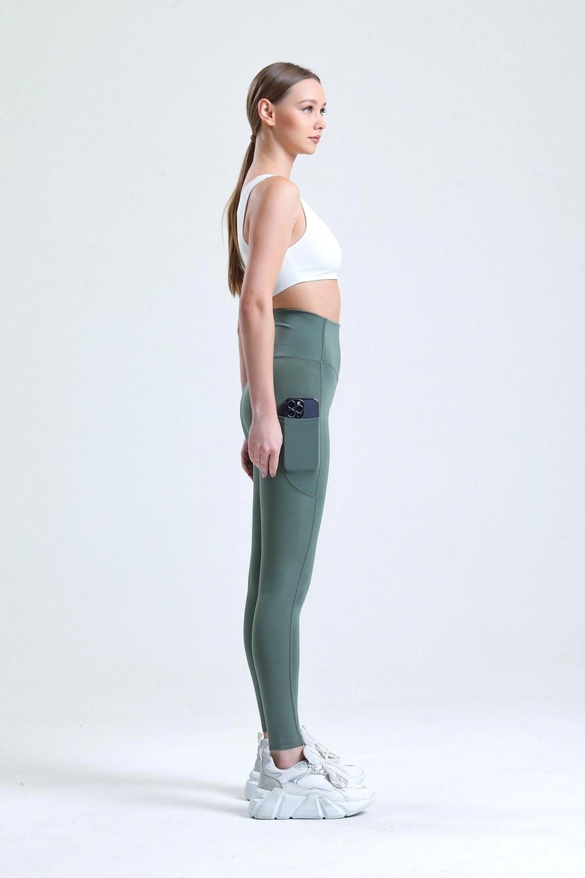 Thiff Gymwear Yeşil Yüksek Bel Sıkılaştırıcı Toparlayıcı Push-up Çift Cepli Bilek Hizasında Spor Tayt Yeşil