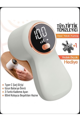 Şarjlı Tüy Tiftik Temizleyici Dijital Ekranlı Tüy Alma Makinesi 3 Kademeli Kazak Tiftik Toplayıcı Beyaz