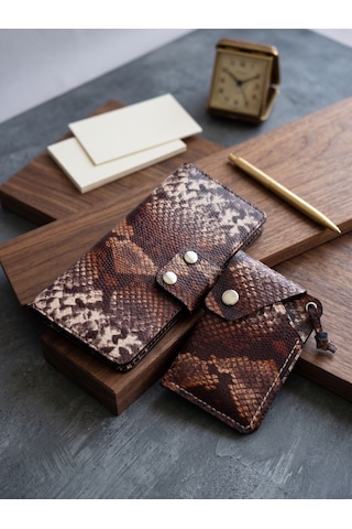 Luna Luster Haki Deri Yılan Baskı Uzun Portföy İkili Unisex Cüzdan Telefon Bölmeli & Karlık & Pasaportluk Drc47 Açık Kahverengi