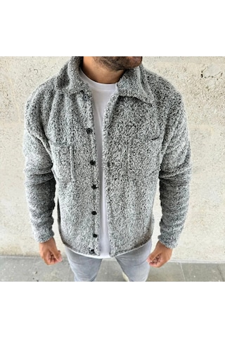 Erkek Pelüş Polar Hırka Gömlek Yakalı, İlik Düğmeli, Göğüs Cepli, Yumuşak Dokulu Kışlık Regular Fi Gri