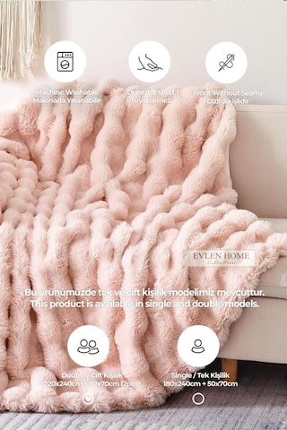 Evlen Home Kürk Yatak Örtüsü Çift Kişilik Dolgulu Peluş Yumuşak Çift Taraflı Yorgan 3 Parça Loria Pudra