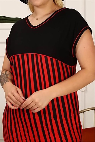 Dip Moda Kadın Çizgili Büyük Beden Elbise Dpaysl54 Bordo