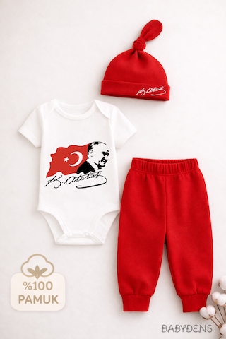 Babyden's Atatürk Baskılı Kısa Kol 3 Lü Bebek Takımı %100 Pamuk Body Pantolon Şapka Set Bayramlık Bebek Kombin Kırmızı - Beyaz