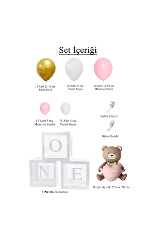 Krom Gold, Makaron Pembe Ve Beyaz Balon Temalı 1 Yaş Set One Kutu Pembe Kalpli Ayıcık Folyo Ve Balon Zincir Set Pembe