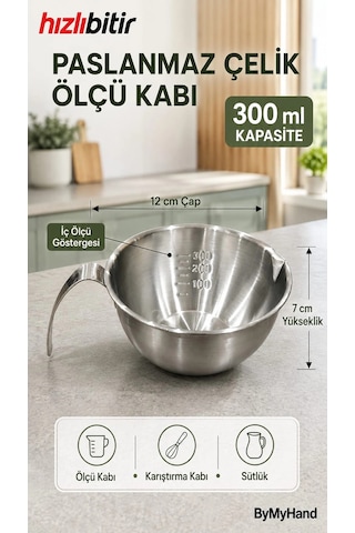 Bymyhand Paslanmaz Çelik Ölçü Kabı Karıştırma Kabı Sütlük Süt Potu 300 Ml