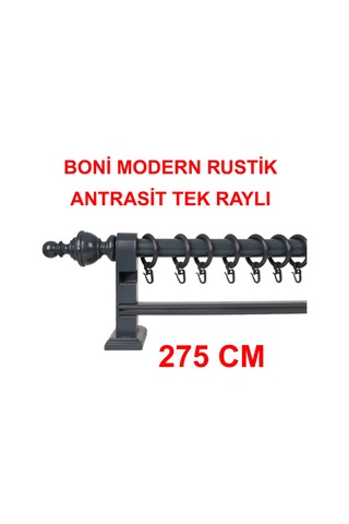 Boni Modern Rustik Ahşap Rustik Perde Askısı Tek Raylı-antrasit 275 Cm Antrasit
