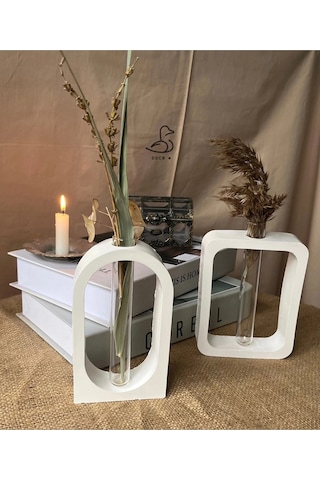 Modern Geometrik Cam Tüplü Vazo Set 4 Lü 12-16cm Taş Tozu Beyaz