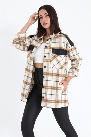 Deri Garnili Ekose Cepli Gömlek - Vizon-vizon Vizon