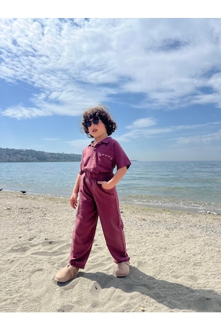 Cigit Cebi Nakışlı Gömlek Pantolon Keten Takım 2-7 Yaş Mürdüm Mürdüm