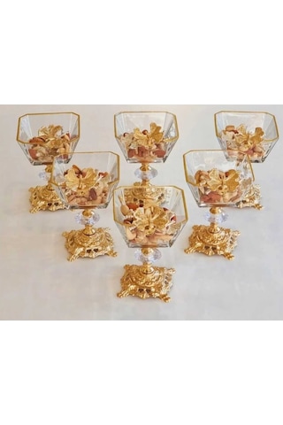 Çnr Home Collection Karen 6 Adet Kelebekli Döküm Ayakli Kase Magnolia, Dondurmalik Cup & Çerezlik Sunumluk Gold