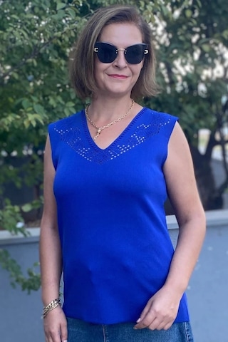 Mia Butik Kadın Lina Saks Mavi Merserize Kolsuz Bluz Saks Mavi