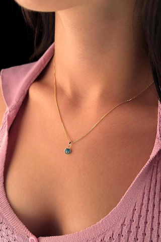 Fiyonk Kuyumculuk 14 Ayar Altın İpek Zincir Mavi Gözlü Nazar Kolye 001