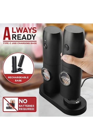 Honeybeeshop Bir Paket 1 Veya 2li Sarj Edilebilir Elektrikli Biber Ve Tuz Degirmeni Seti Sarj Tablasi Otomatik Calisma Led İsik Ayarlanabilir Ogutme Usb Sarj Kompakt Tasarim Ahşap