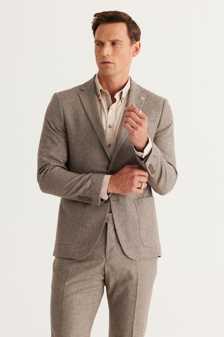 Erkek Kahverengı Slim Fit Dar Kesim Mono Yaka Kareli Yünlü Takım Elbise Kahverengi