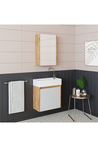 Roomart Ayaksız Tek Kapaklı Lavabolu 50cm Banyo Dolabı A.çam-beyz Atlantik Çam - Beyaz