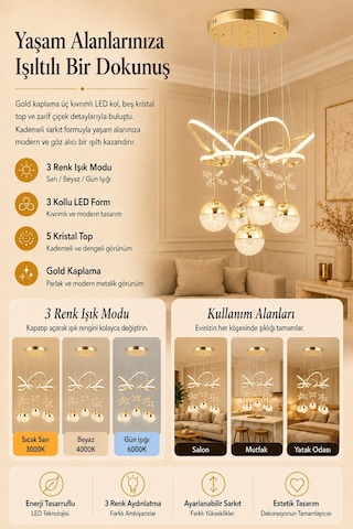 Ey-El Tasarım Modern Sarkıt Led Avize 3 Renk Gold Kaplamalı Gold