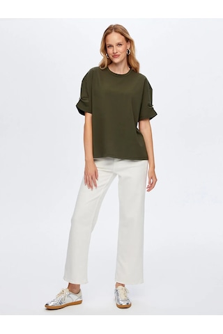Faik Sönmez Kolları Taş Detaylı Yuvarlak Yaka Kadın T-shirt W26tsh088 Haki