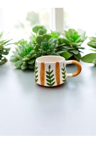 Seramik Kupa Bardak Yeşil Yapraklı Tasarım