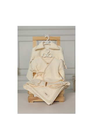 Tlyhometextiles Krem Müslin Hastane Çıkışı Seti Battaniye, 2 Li Takım, Şapka Ve Eldiven 0 3 Ay Ekru