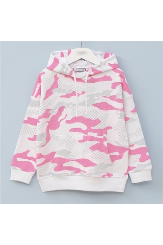 Wanex Kız Çocuk Uzun Kol İki İplik Kapüşonlu Cepli Desenli Sweatshirt - 32157 Neon Pembe