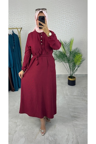 Kadın Bordo Karin Aerobin Kumaş Yarım Ön Düğmeli Püskül Bağcık Kuşaklı Tesettür Elbise Bordo