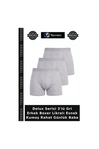Terrien Delux Serisi 3'lü Gri Erkek Boxer Likralı Esnek Kumaş Rahat Günlük Baba