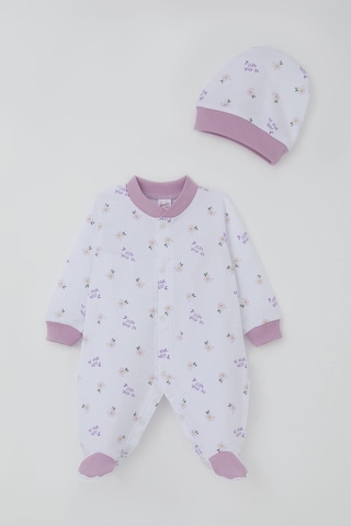 Breeze Kız Bebek Patikli Tulum Çiçek & Yazı Desenli 0-6 Ay, Beyaz