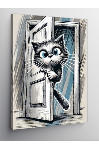 Kanvas Tablo Meraklı Kedi Ve Kapı Sürprizi 100cmx140cm
