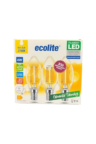 Ecolite 4w Led Mum Ampul, E14 Duy, 2700k Sarı Işık, 470 Lümen, Şeffaf Cam, Akkor Görünümlü Dekoratif Lamba, 3'lü Paket Sku: Smg8690010159359 Açık Kahverengi