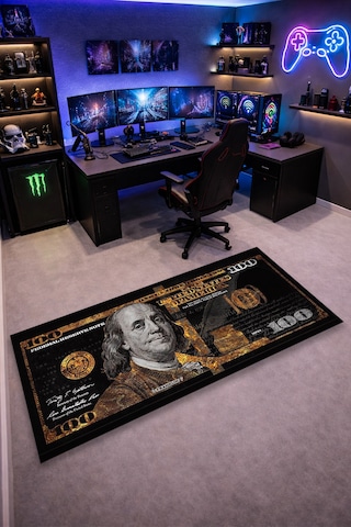 100 Dolar Kaymaz Taban Makinede Yıkanabilir Gaming Para Desenli Oyuncu Gamer Genç Odası Halısı Siyah
